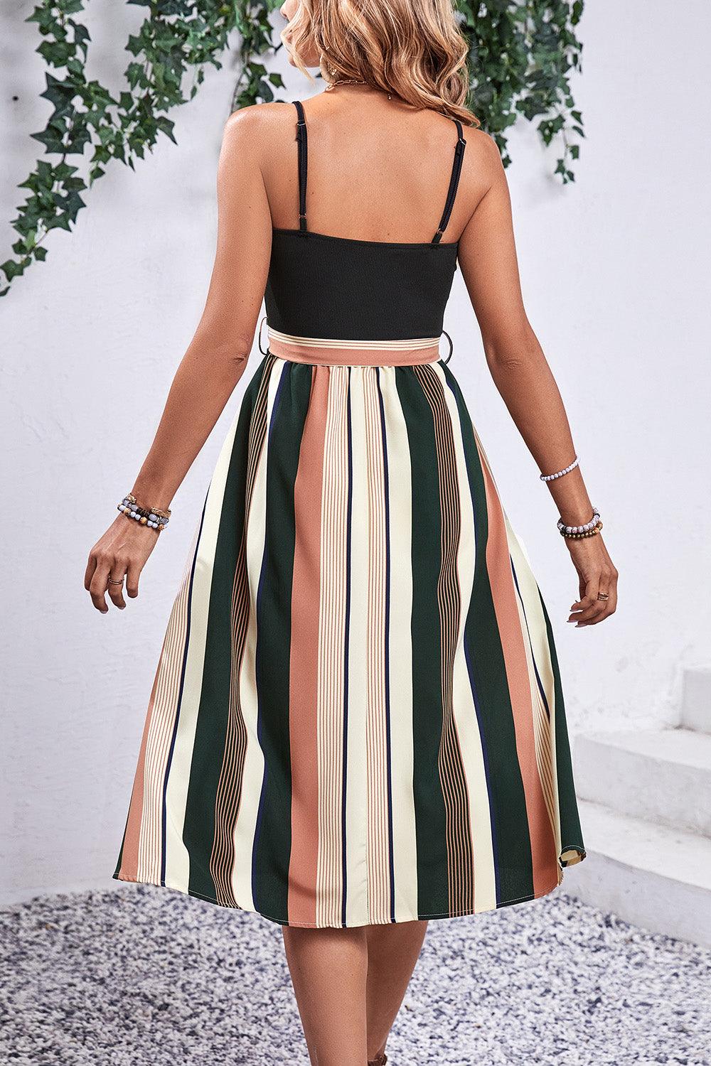 Get trendy with Tied Striped Spaghetti Strap Dress - Dress available at Styles Code. Grab yours today!