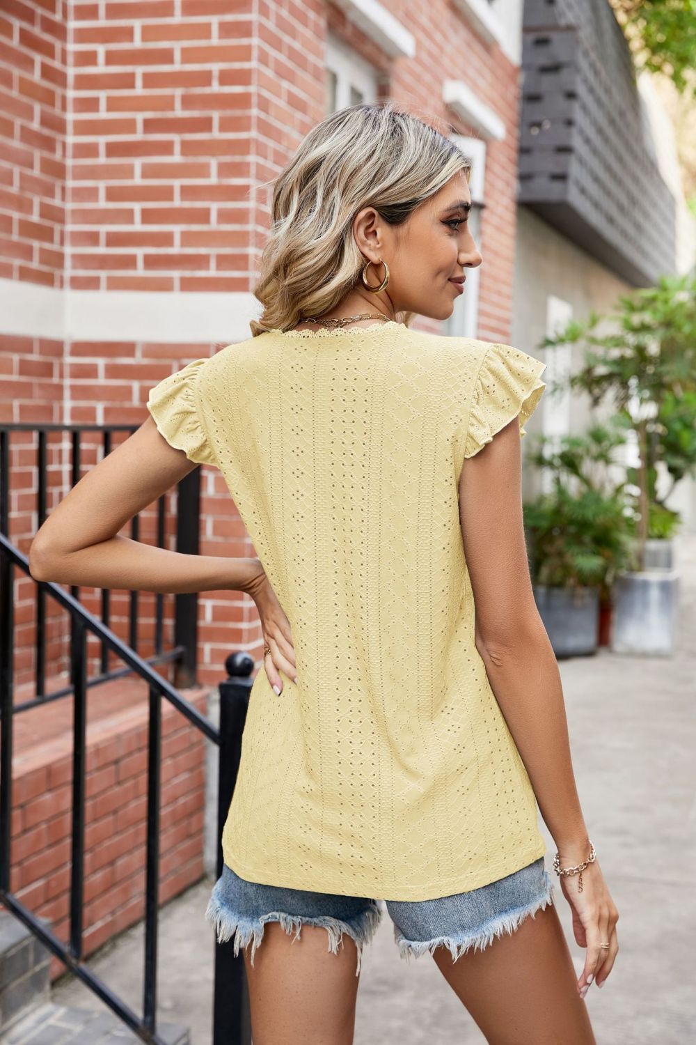Get trendy with Flutter Sleeve Scalloped V-Neck Top - Blouse available at Styles Code. Grab yours today!