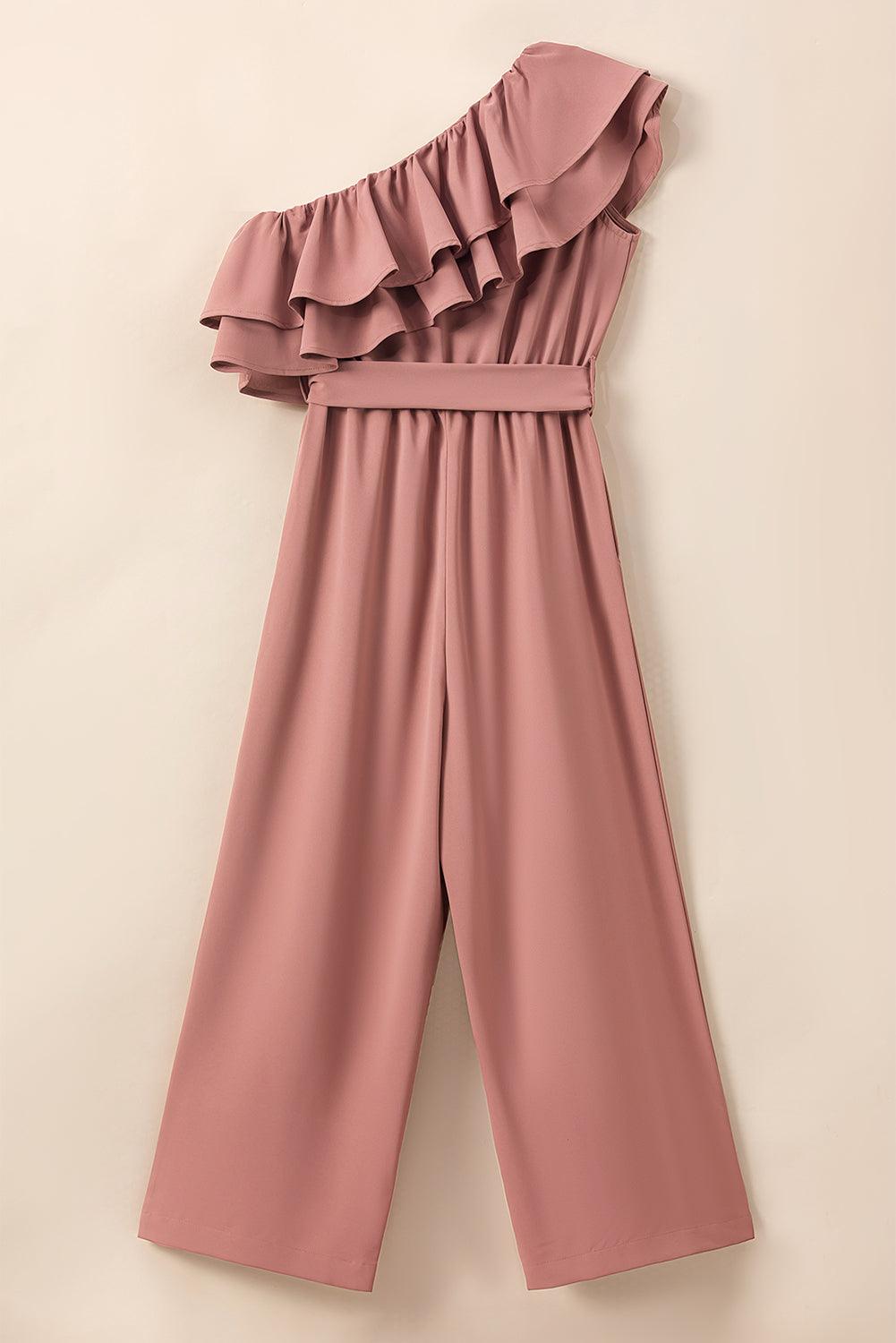 Get trendy with Ruffled Tied One-Shoulder Jumpsuit - Jumpsuit available at Styles Code. Grab yours today!