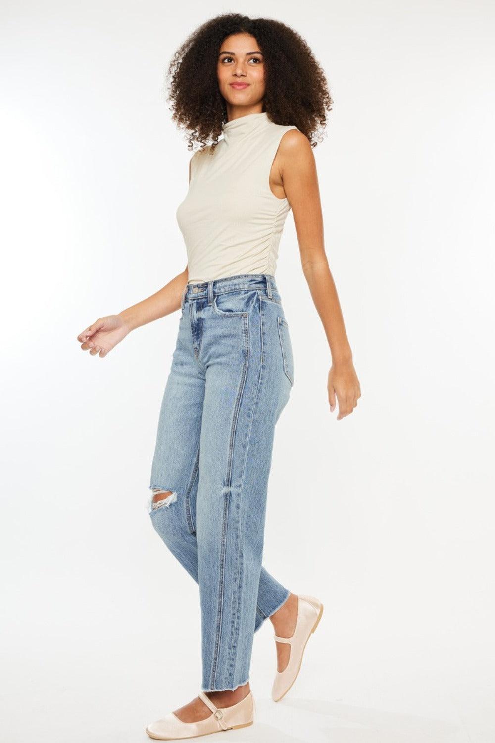Get trendy with Ultra High Rise Distressed Straight Jeans - Jeans available at Styles Code. Grab yours today!