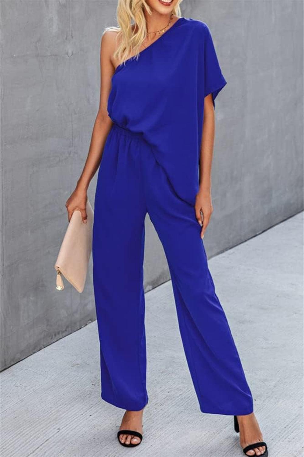 Get trendy with Single Shoulder Short Sleeve Jumpsuit - Jumpsuit available at Styles Code. Grab yours today!