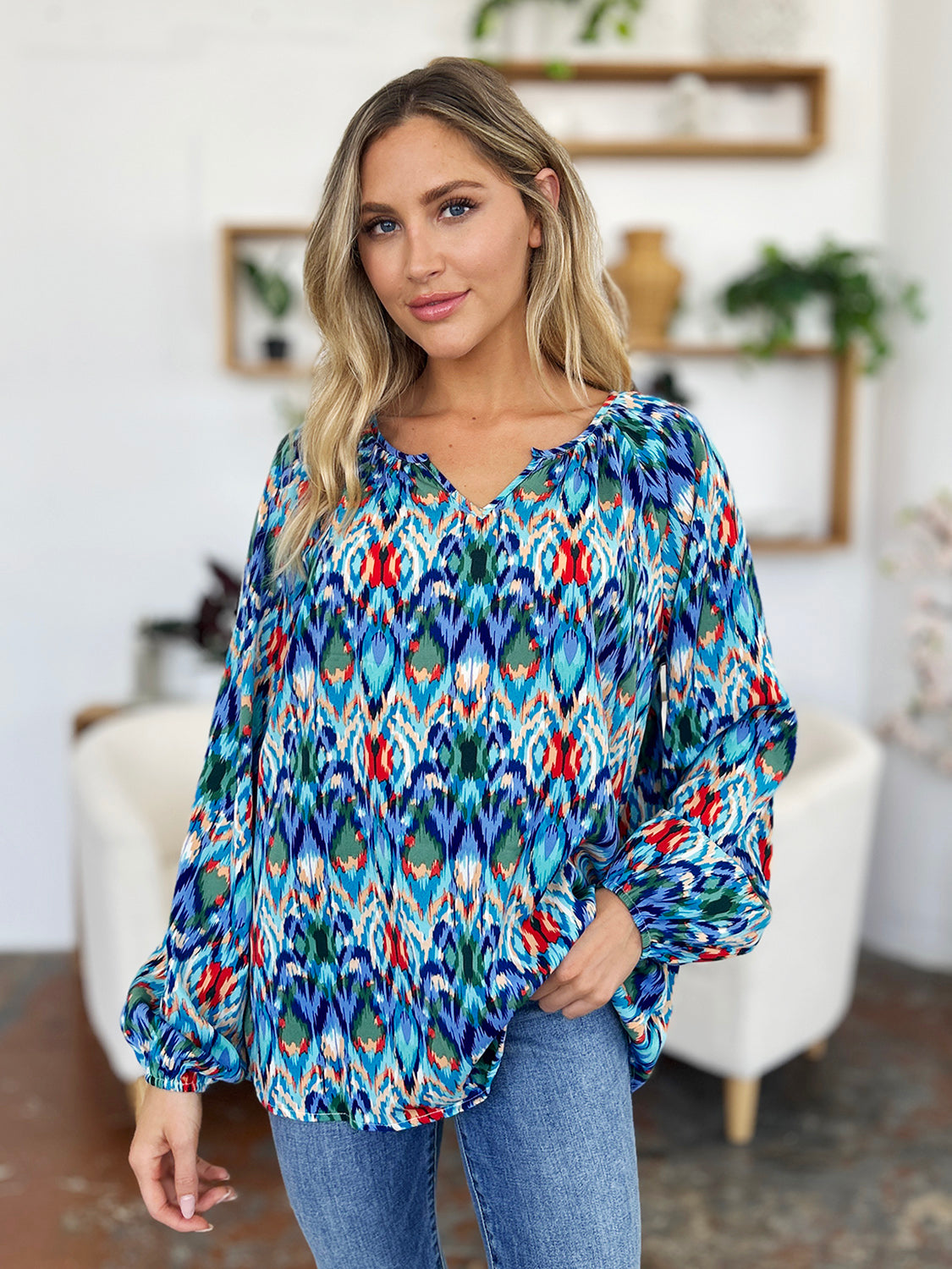 Get trendy with Full Size Balloon Sleeve Blouse - Blouse available at Styles Code. Grab yours today!