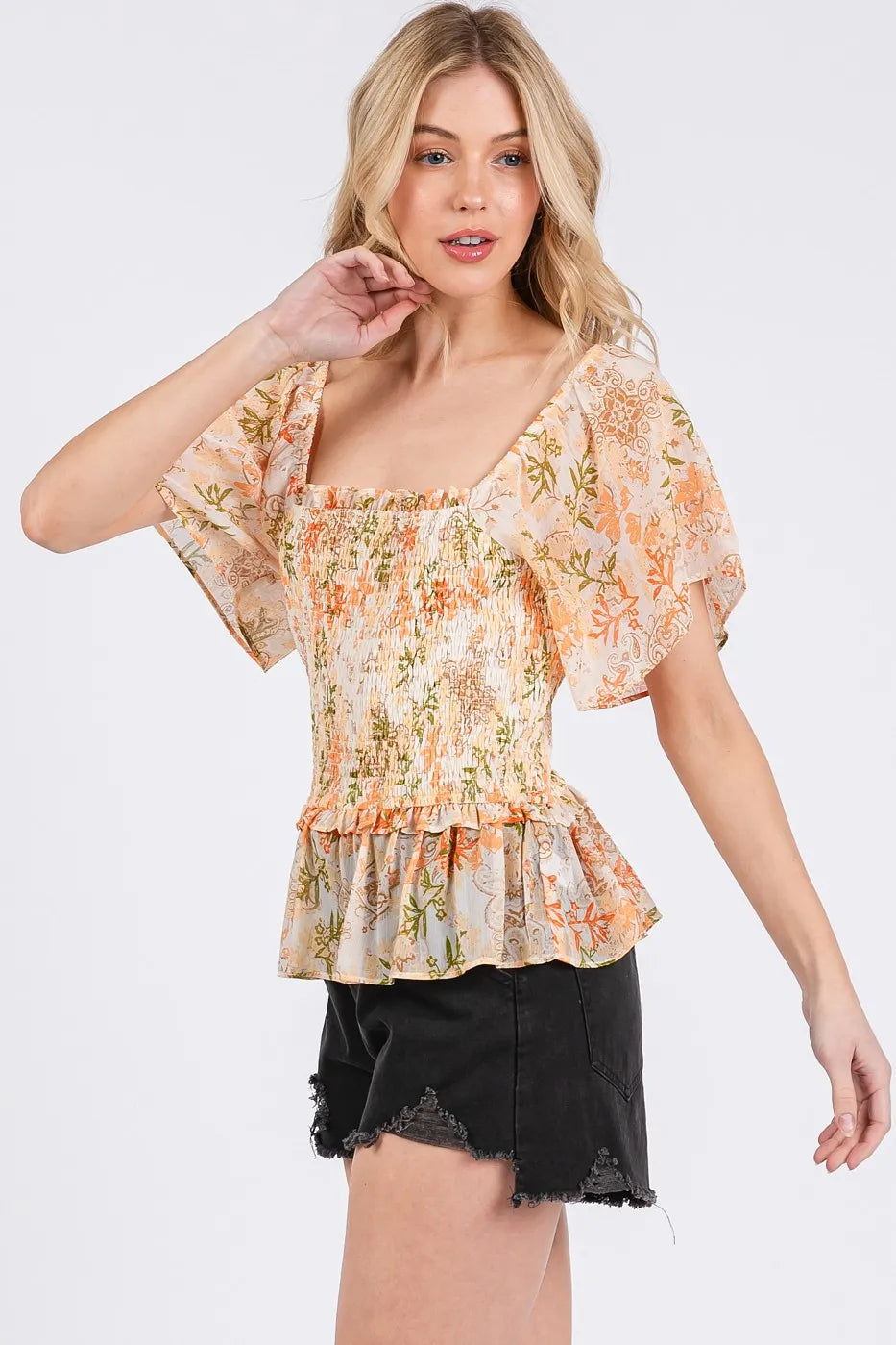 Get trendy with Floral Chiffon Square Neck Top - Top available at Styles Code. Grab yours today!