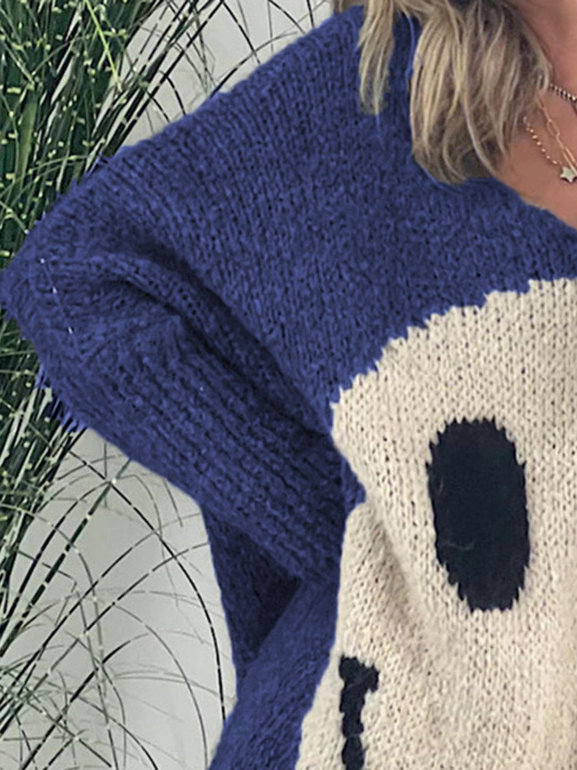 Get trendy with Smiling Face V-Neck Long Sleeve Sweater - available at Styles Code. Grab yours today!