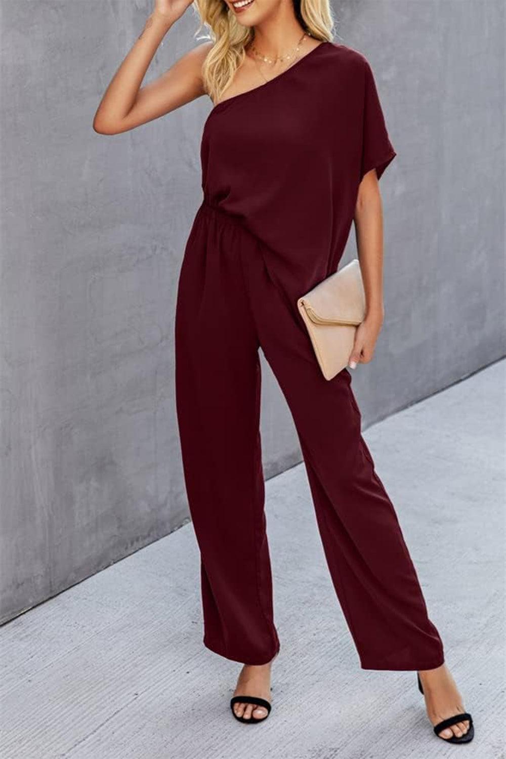 Get trendy with Single Shoulder Short Sleeve Jumpsuit - Jumpsuit available at Styles Code. Grab yours today!