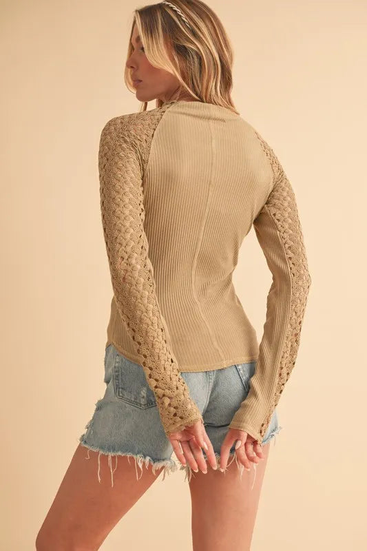 Get trendy with Ribbed Knit Top with Crochet Sleeve - available at Styles Code. Grab yours today!