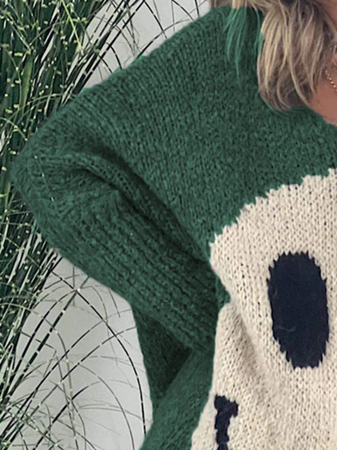 Get trendy with Smiling Face V-Neck Long Sleeve Sweater - available at Styles Code. Grab yours today!