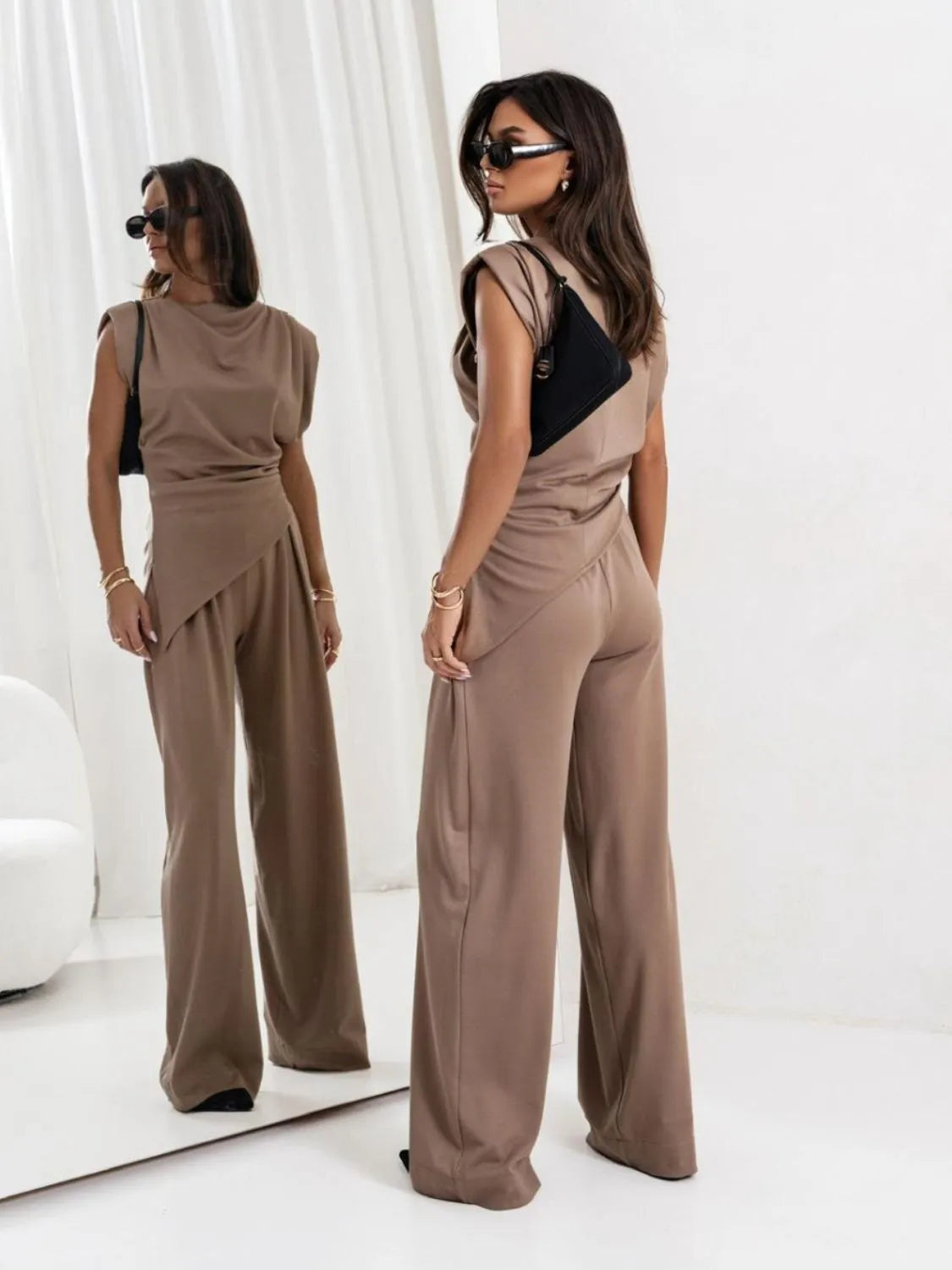 Get trendy with Slit Ruched Top and Wide Leg Pants Set - Two Piece Sets available at Styles Code. Grab yours today!