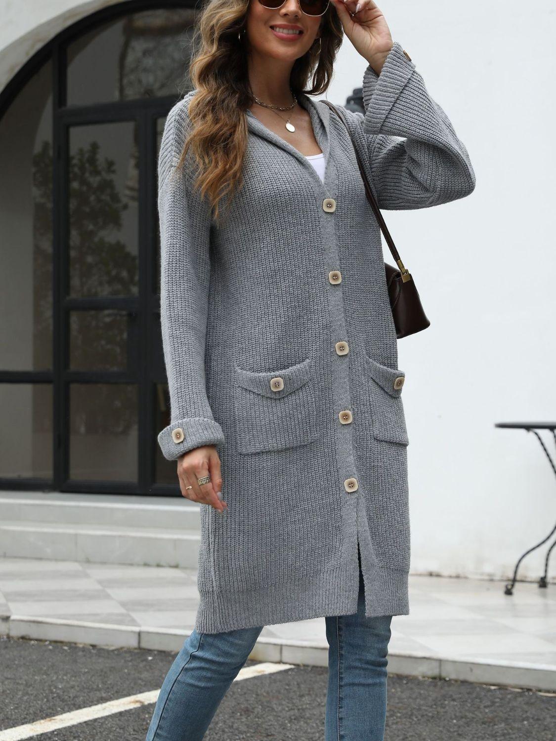 Get trendy with Pocketed Button Up Long Sleeve Hooded Cardigan - available at Styles Code. Grab yours today!