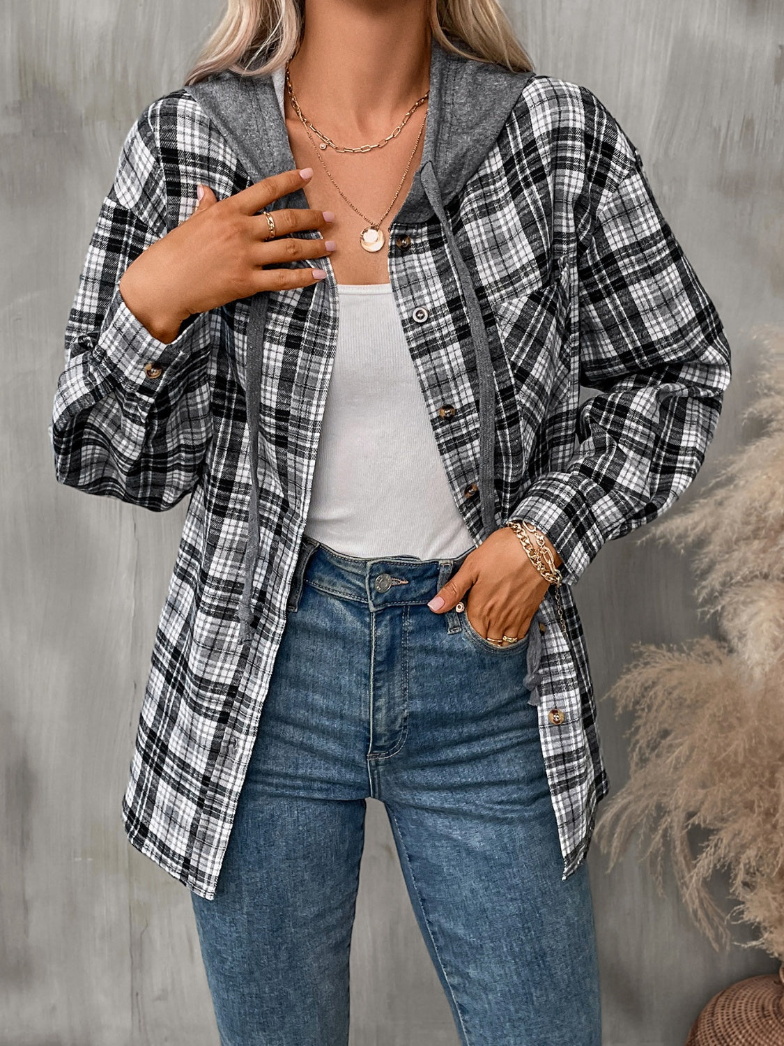 Get trendy with Plaid Long Sleeve Hooded Jacket - Jackets available at Styles Code. Grab yours today!