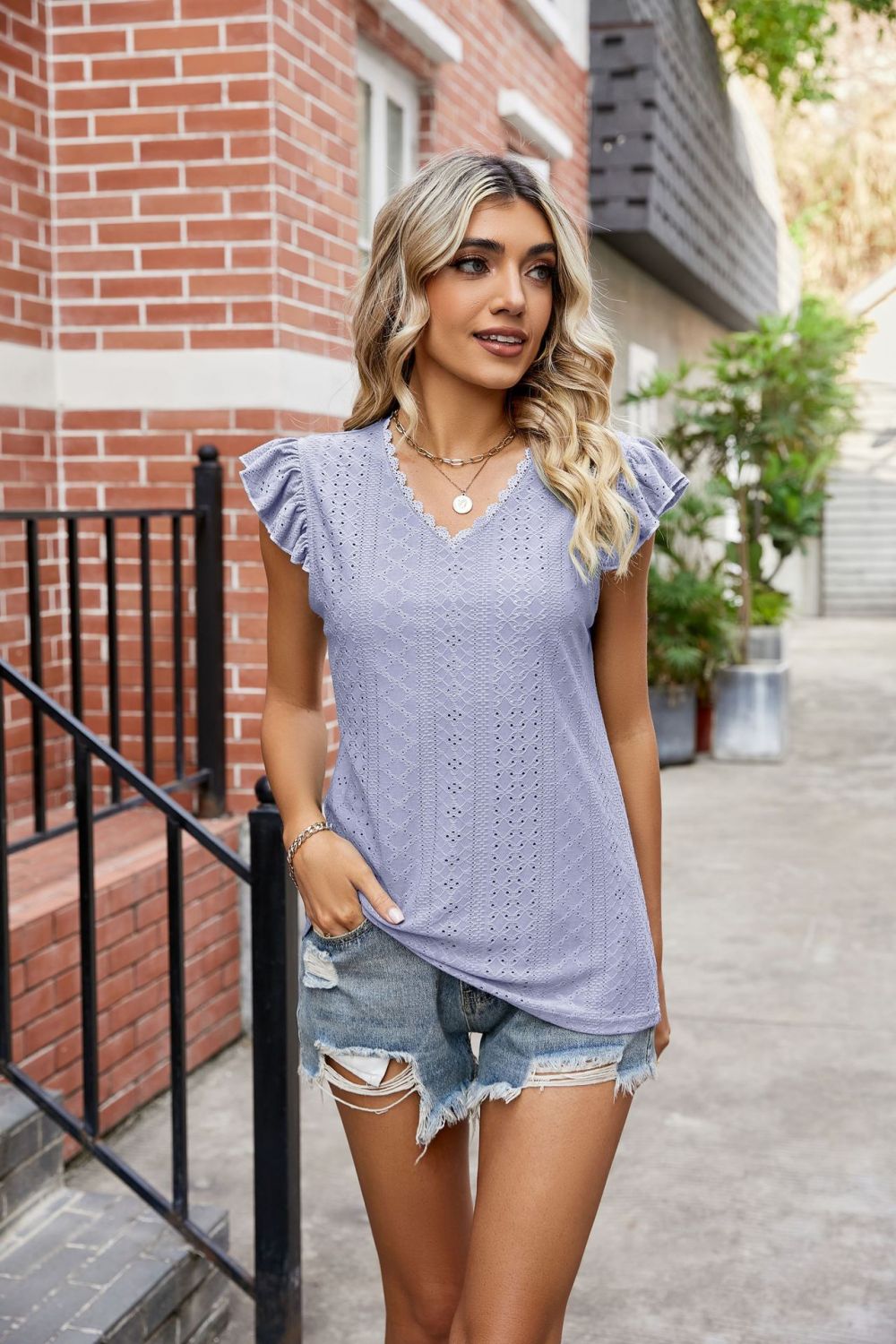 Get trendy with Flutter Sleeve Scalloped V-Neck Top - Blouse available at Styles Code. Grab yours today!