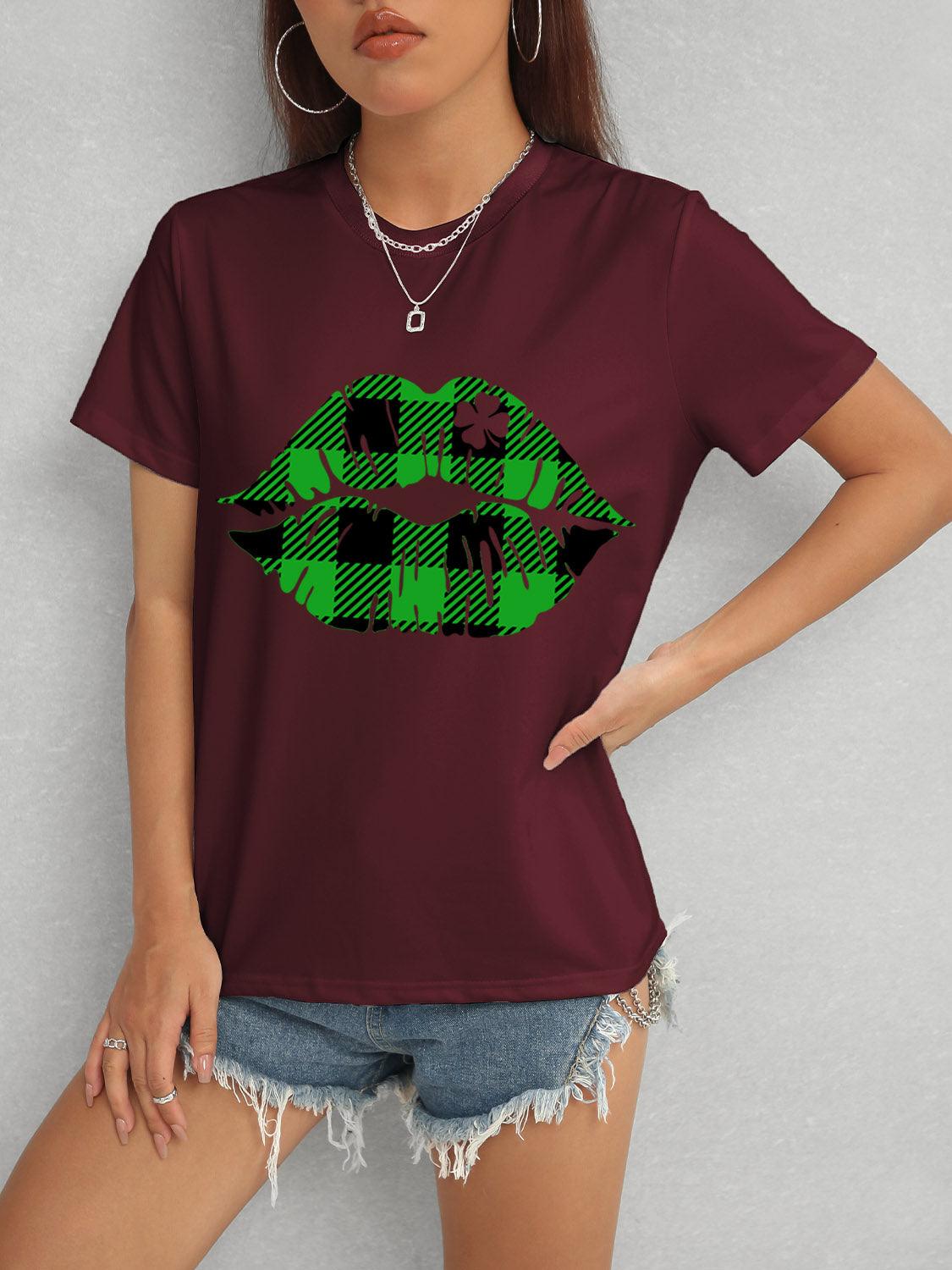 Get trendy with Plaid Lip Graphic Round Neck T-Shirt - Graphic T-Shirts available at Styles Code. Grab yours today!