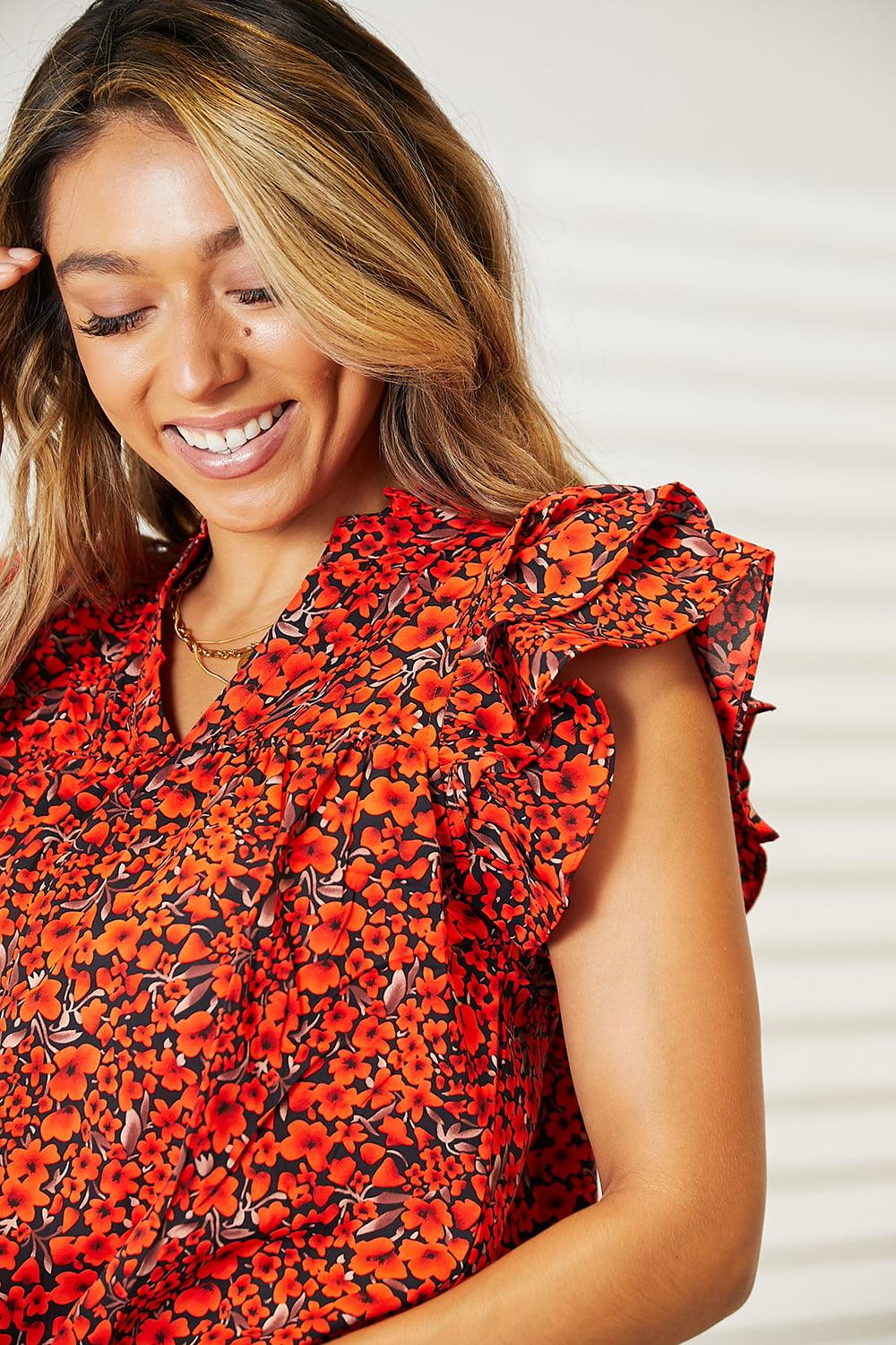 Get trendy with Floral Flutter Sleeve Notched Neck Blouse - Top available at Styles Code. Grab yours today!