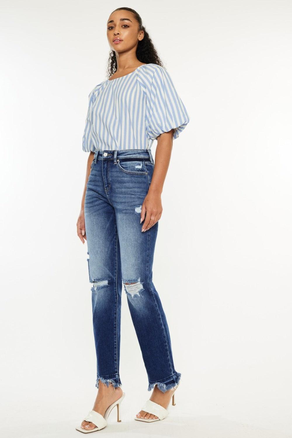 Get trendy with High Rise Distressed Slim Straight Jeans - Jeans available at Styles Code. Grab yours today!