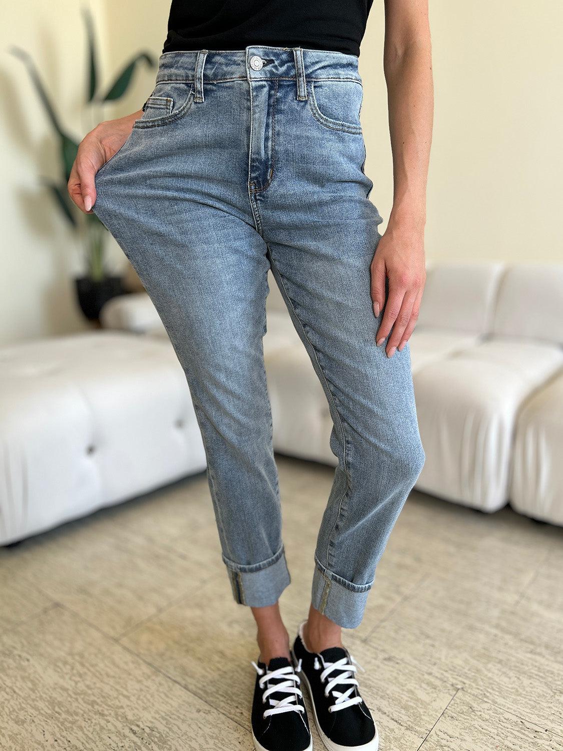 Get trendy with Full Size High Waist Cuff Hem Jeans - Plus Size available at Styles Code. Grab yours today!