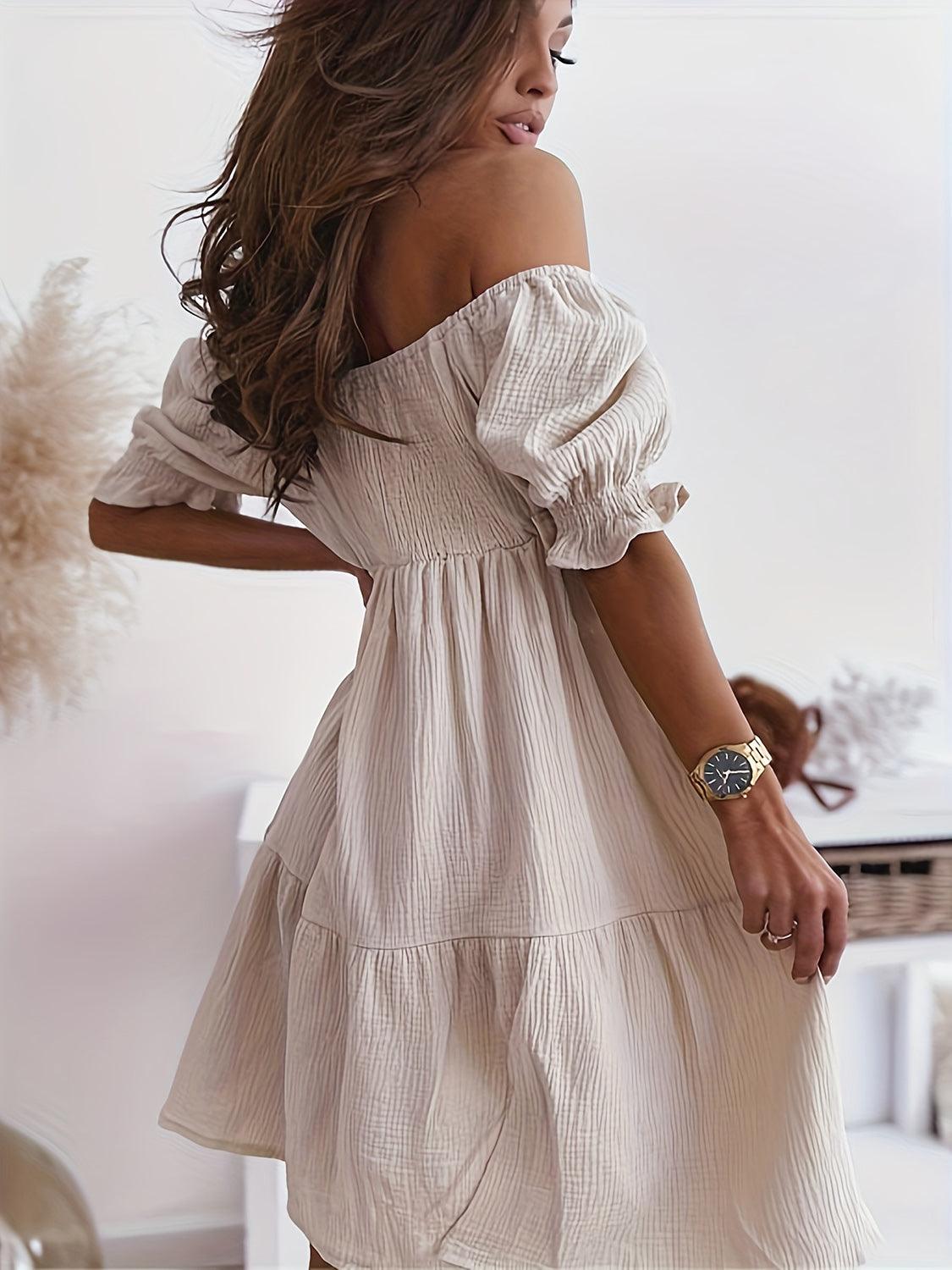 Get trendy with Full Size Ruffled Off-Shoulder Short Sleeve Dress - Dress available at Styles Code. Grab yours today!