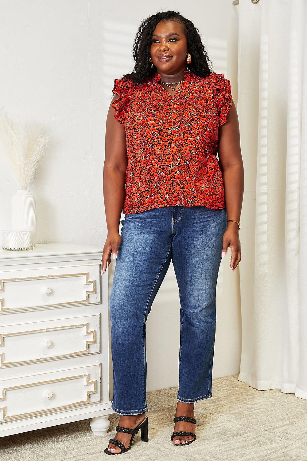 Get trendy with Floral Flutter Sleeve Notched Neck Blouse - Top available at Styles Code. Grab yours today!