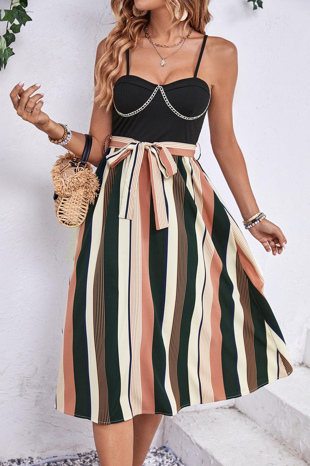 Get trendy with Tied Striped Spaghetti Strap Dress - Dress available at Styles Code. Grab yours today!