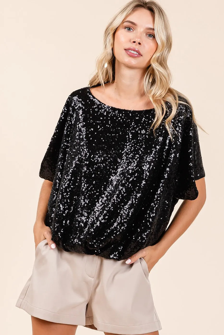 Get trendy with Sequin Short Sleeve Elastic Band Top - Top available at Styles Code. Grab yours today!