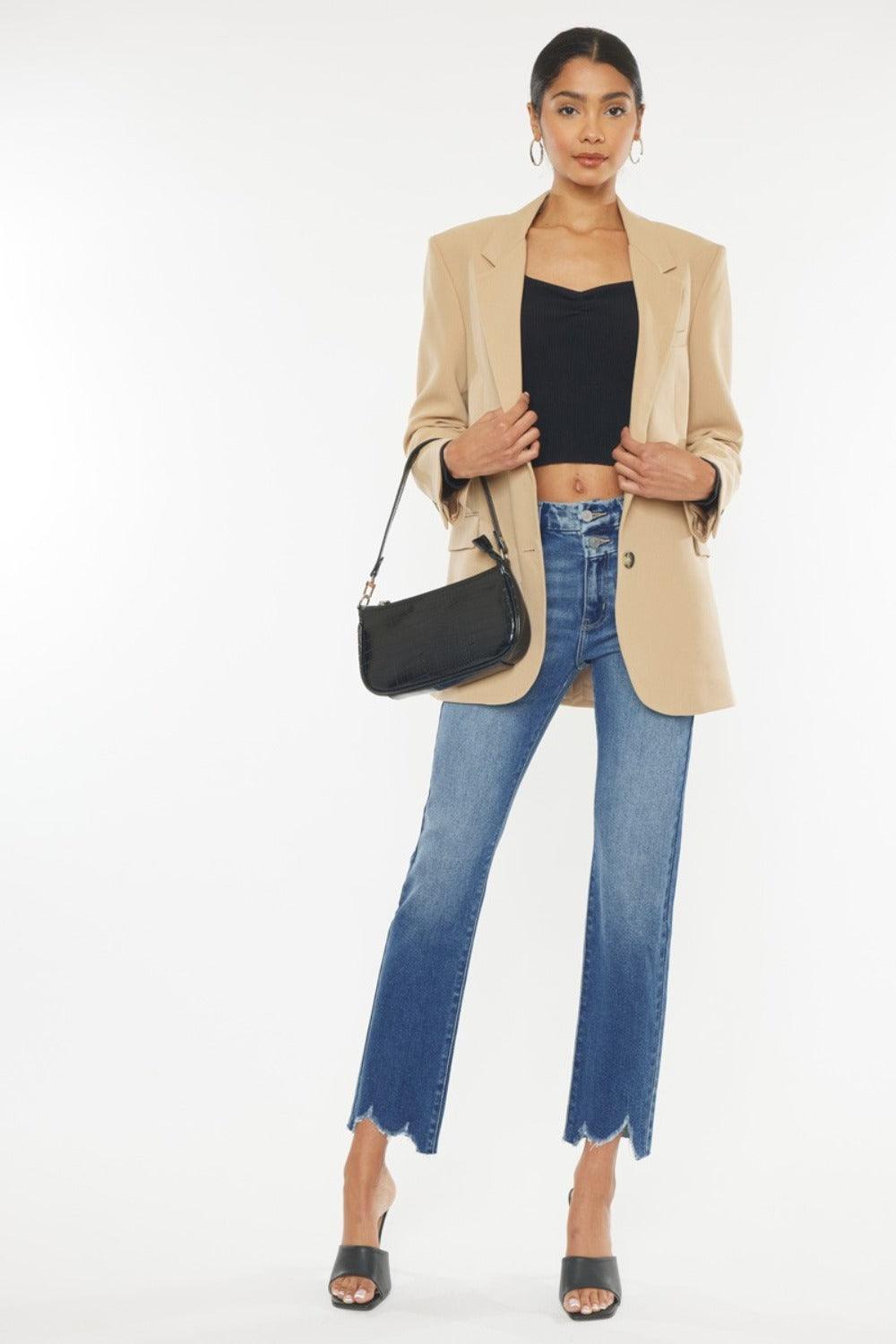 Get trendy with High Rise Wide Waistband Slim Straight Jeans - Jeans available at Styles Code. Grab yours today!