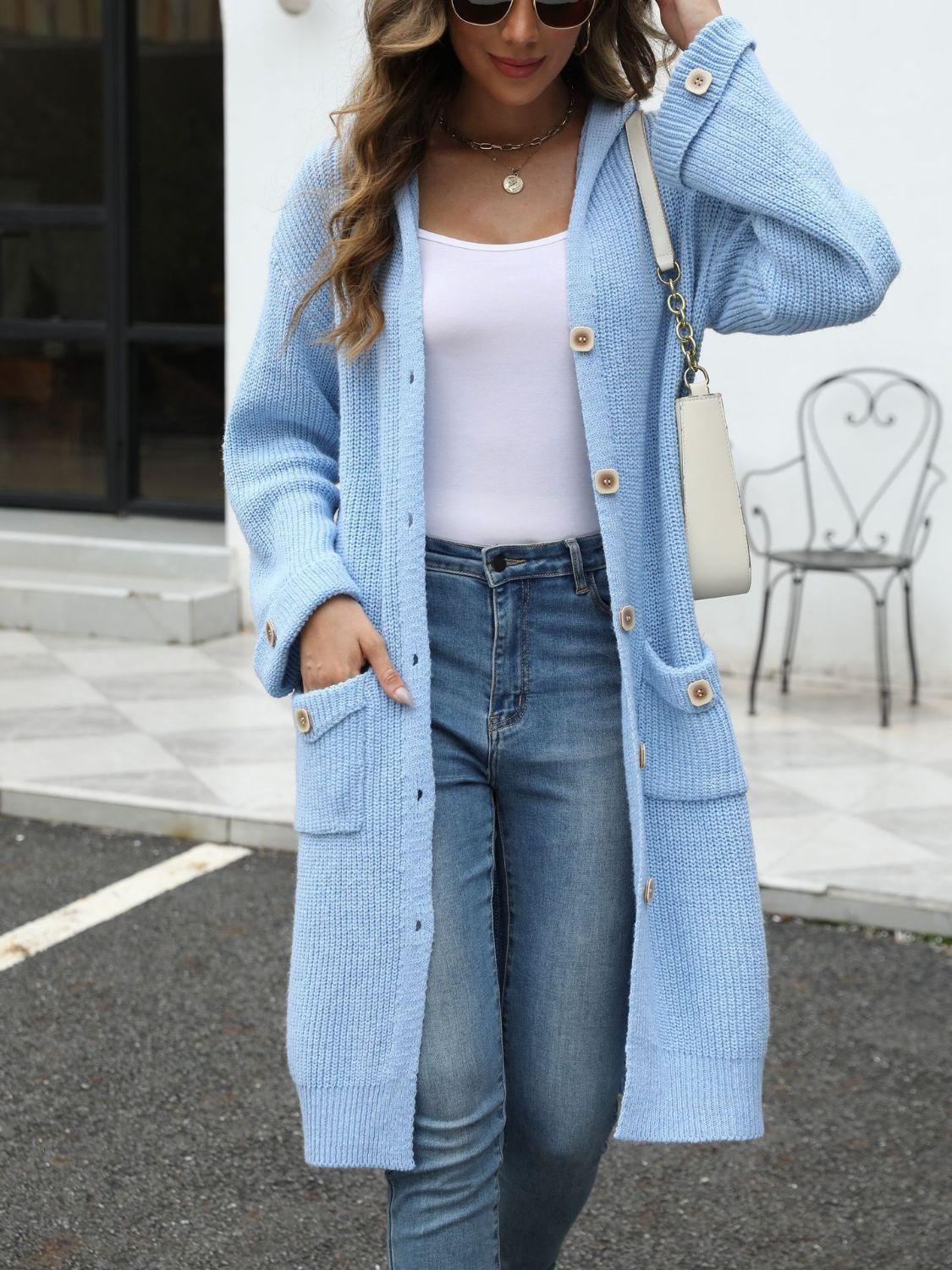 Get trendy with Pocketed Button Up Long Sleeve Hooded Cardigan - available at Styles Code. Grab yours today!