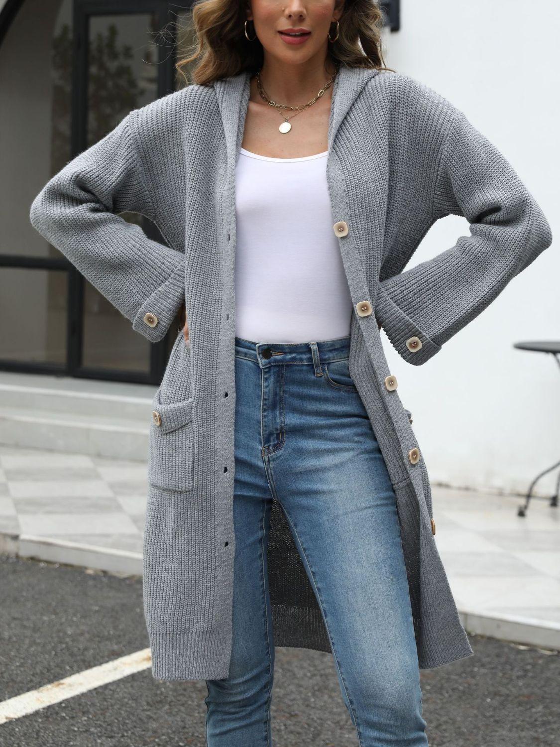 Get trendy with Pocketed Button Up Long Sleeve Hooded Cardigan - available at Styles Code. Grab yours today!
