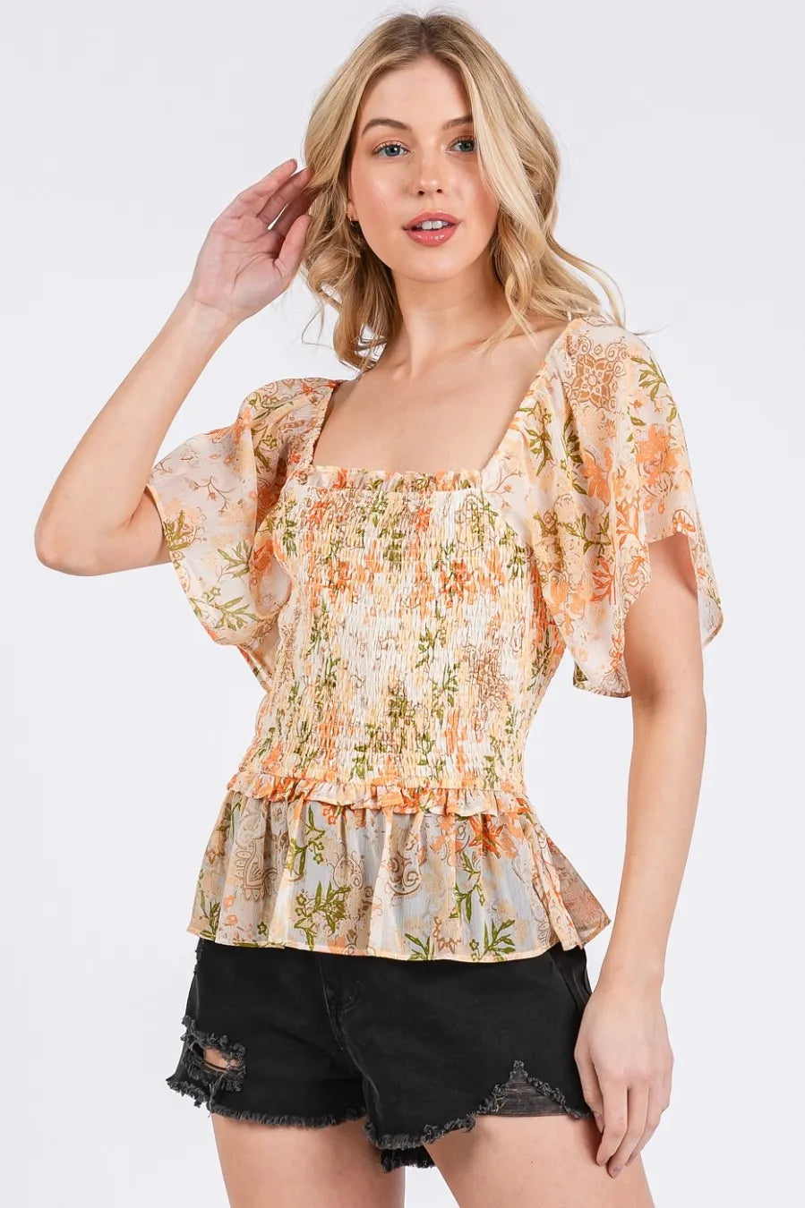 Get trendy with Floral Chiffon Square Neck Top - Top available at Styles Code. Grab yours today!