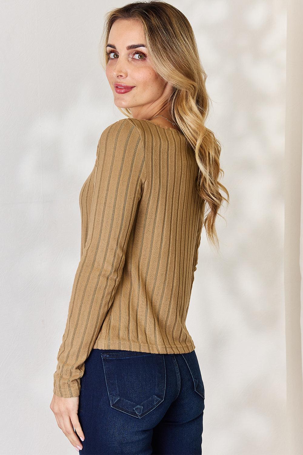 Get trendy with Full Size Ribbed Long Sleeve T-Shirt - T-Shirt available at Styles Code. Grab yours today!