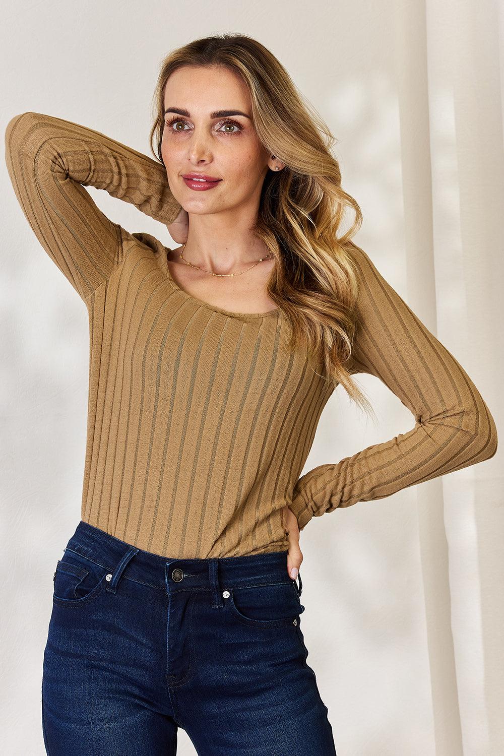 Get trendy with Full Size Ribbed Long Sleeve T-Shirt - T-Shirt available at Styles Code. Grab yours today!