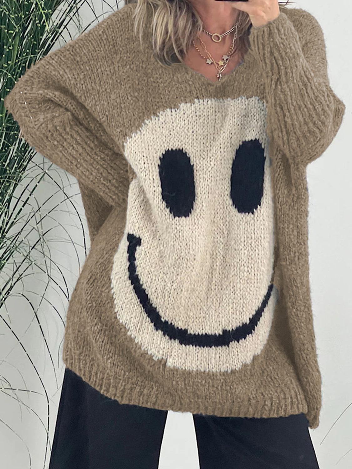 Get trendy with Smiling Face V-Neck Long Sleeve Sweater - available at Styles Code. Grab yours today!