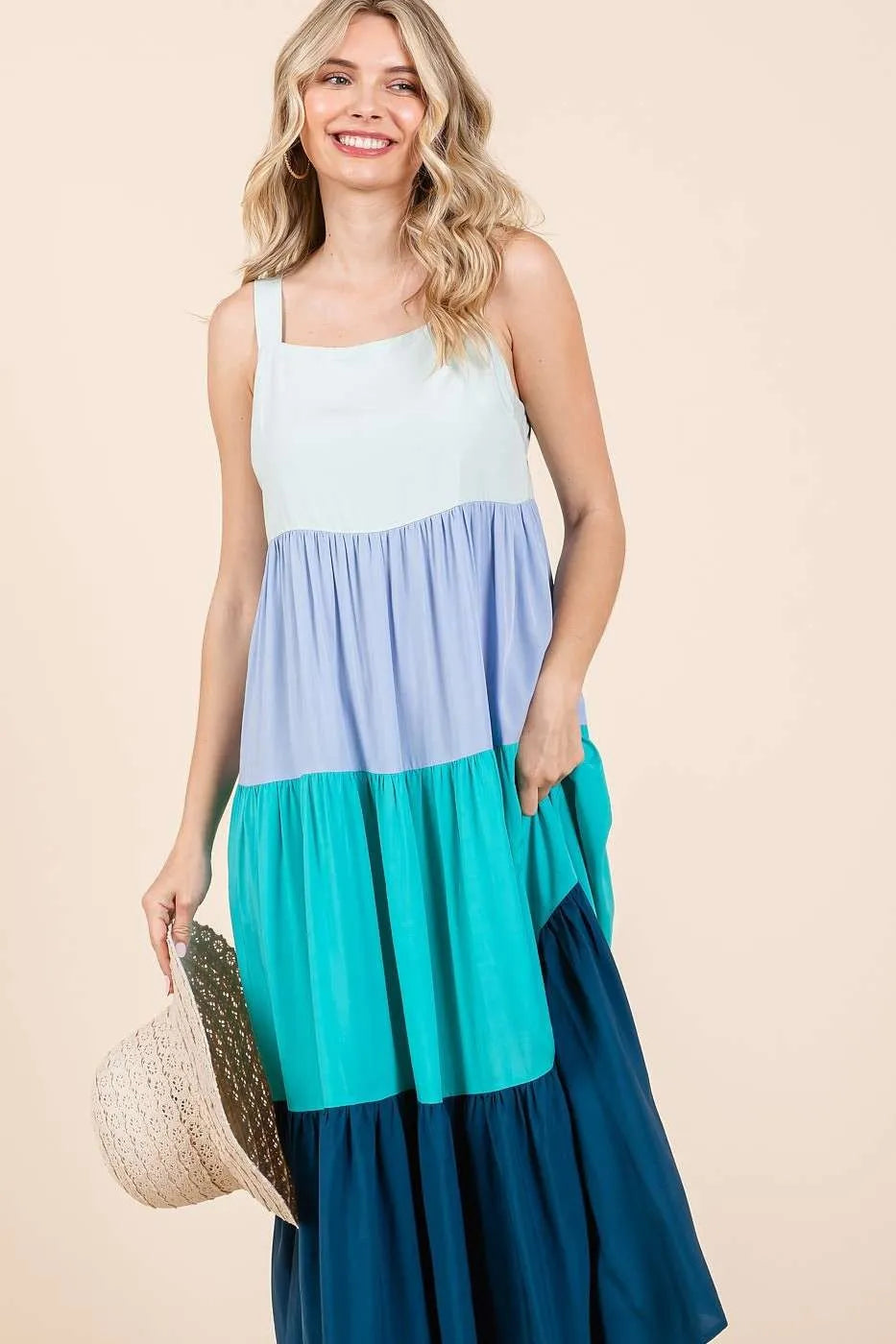 Get trendy with Color Block Tiered Pull-On Maxi Dress - Dress available at Styles Code. Grab yours today!
