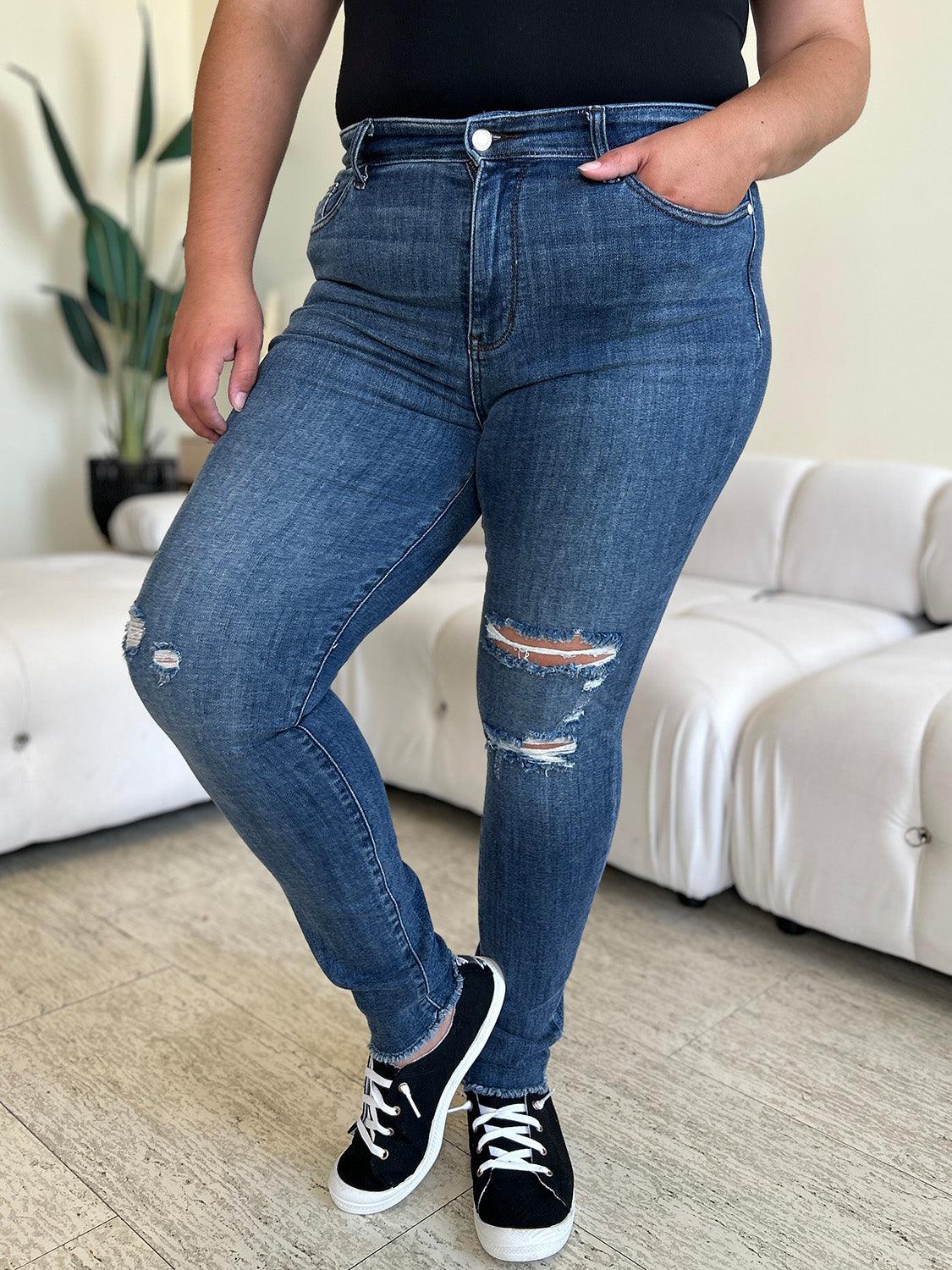 Get trendy with Full Size High Waist Distressed Skinny Jeans - Plus Size available at Styles Code. Grab yours today!