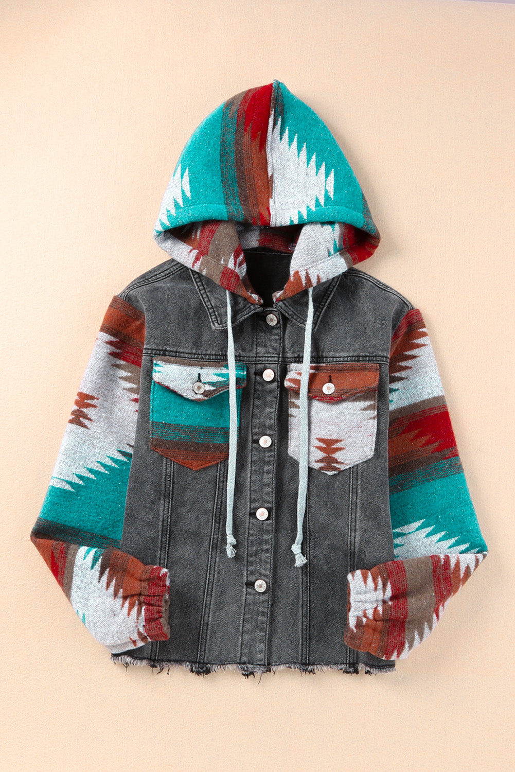Get trendy with Drawstring Hooded Pocketed Denim Jacket - Denim Jacket available at Styles Code. Grab yours today!