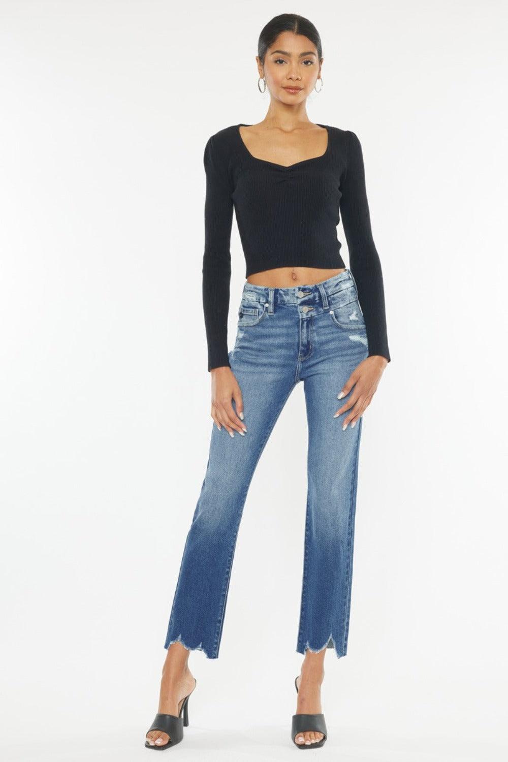 Get trendy with High Rise Wide Waistband Slim Straight Jeans - Jeans available at Styles Code. Grab yours today!