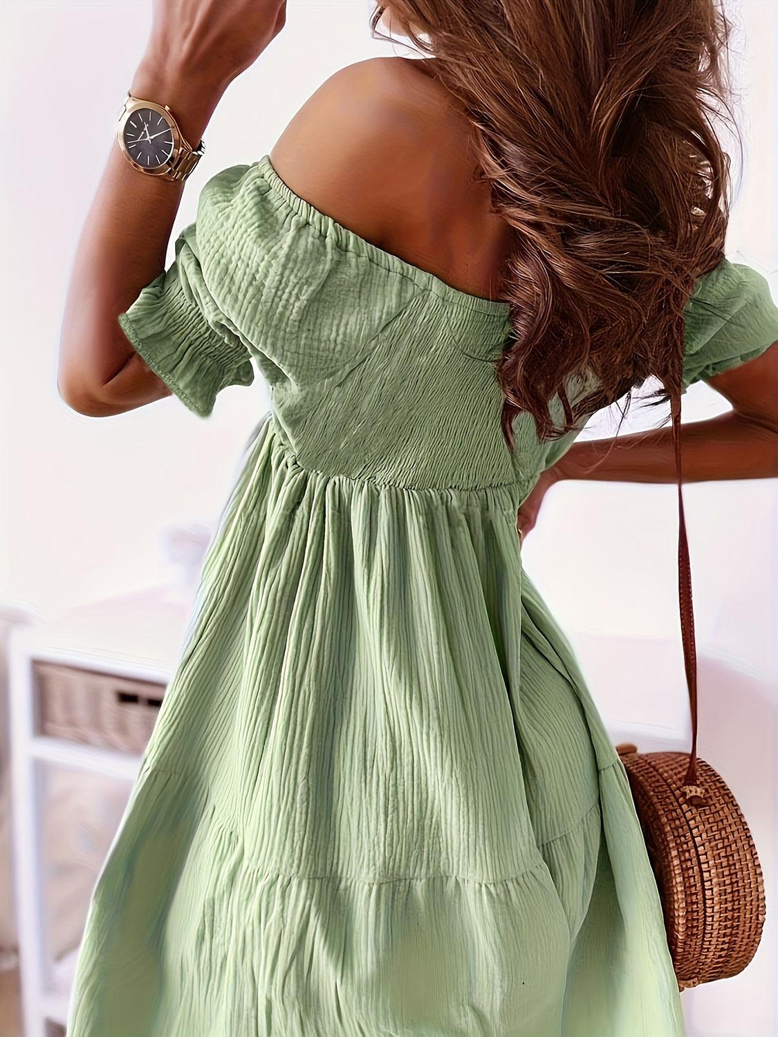 Get trendy with Full Size Ruffled Off-Shoulder Short Sleeve Dress - Dress available at Styles Code. Grab yours today!