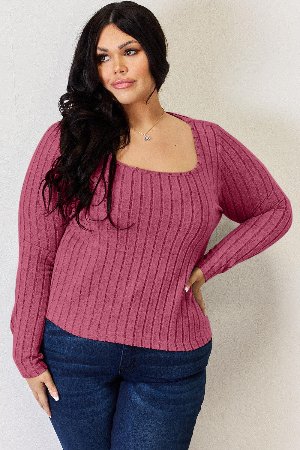 Get trendy with Full Size Ribbed Long Sleeve T-Shirt - T-Shirt available at Styles Code. Grab yours today!