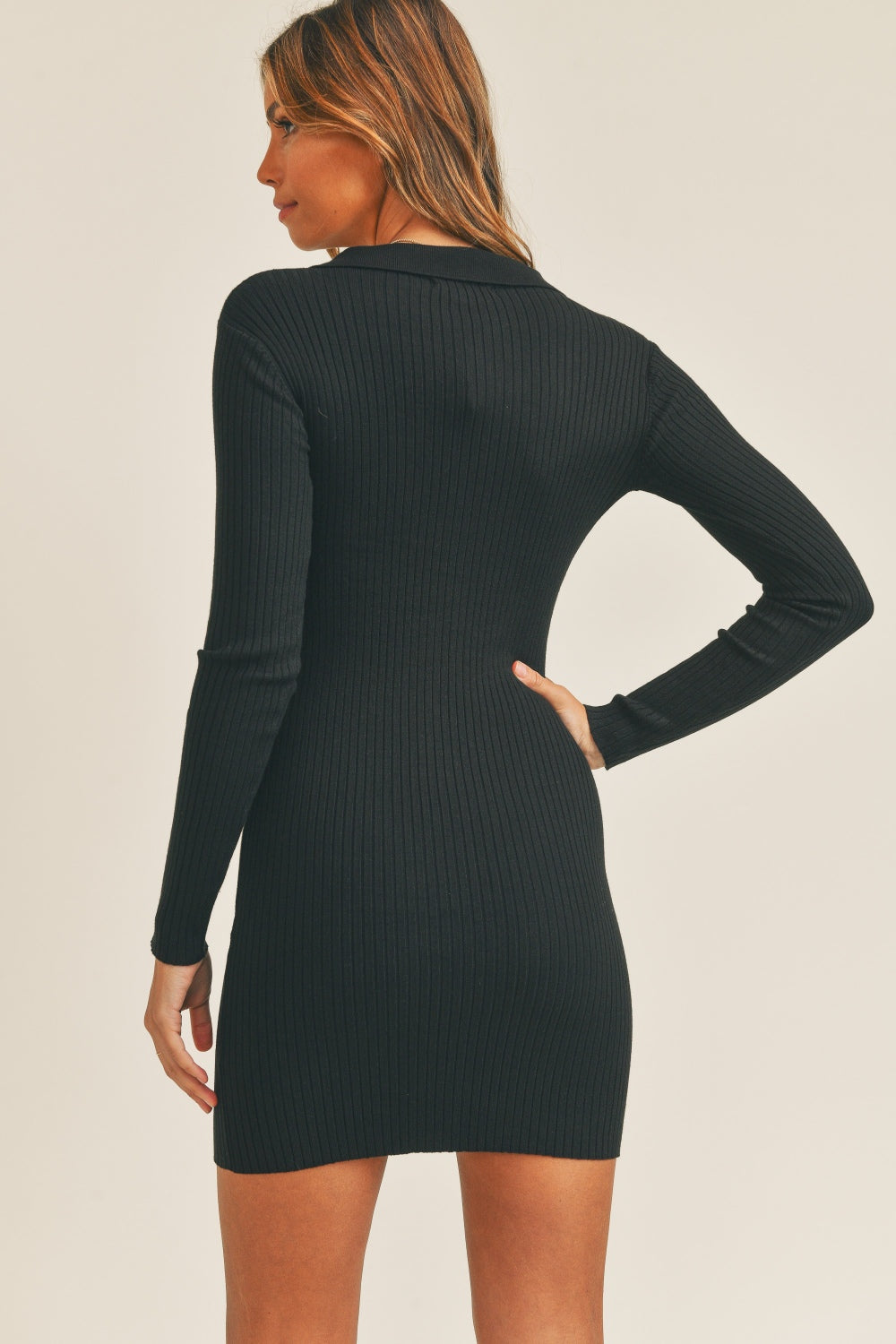 Get trendy with Ribbed Mini Shirt Dress - Black - Dress available at Styles Code. Grab yours today!