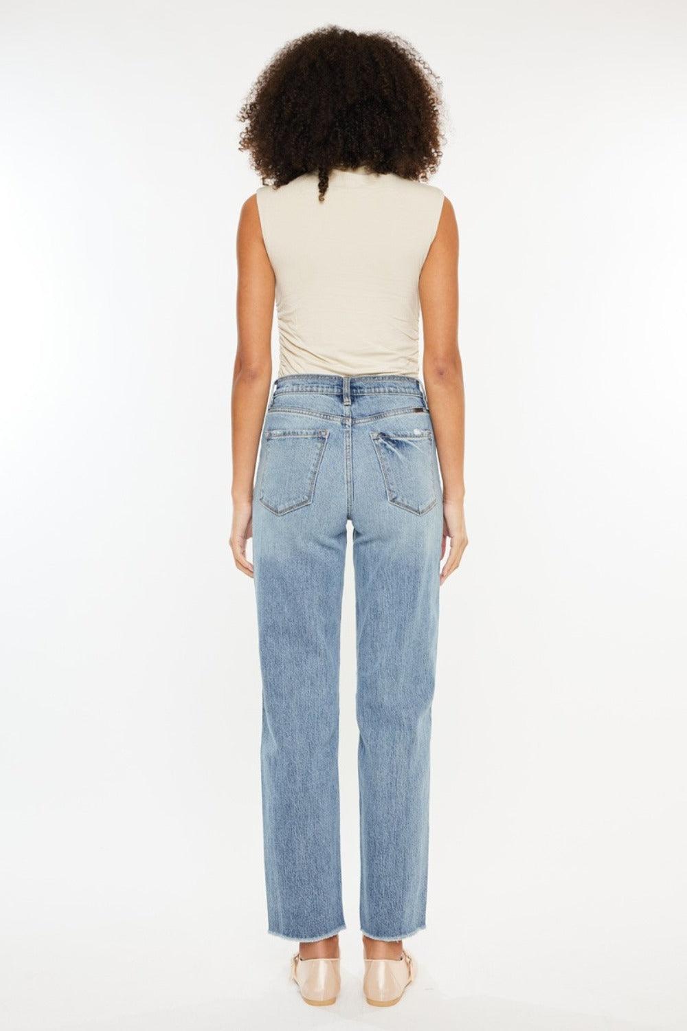Get trendy with Ultra High Rise Distressed Straight Jeans - Jeans available at Styles Code. Grab yours today!