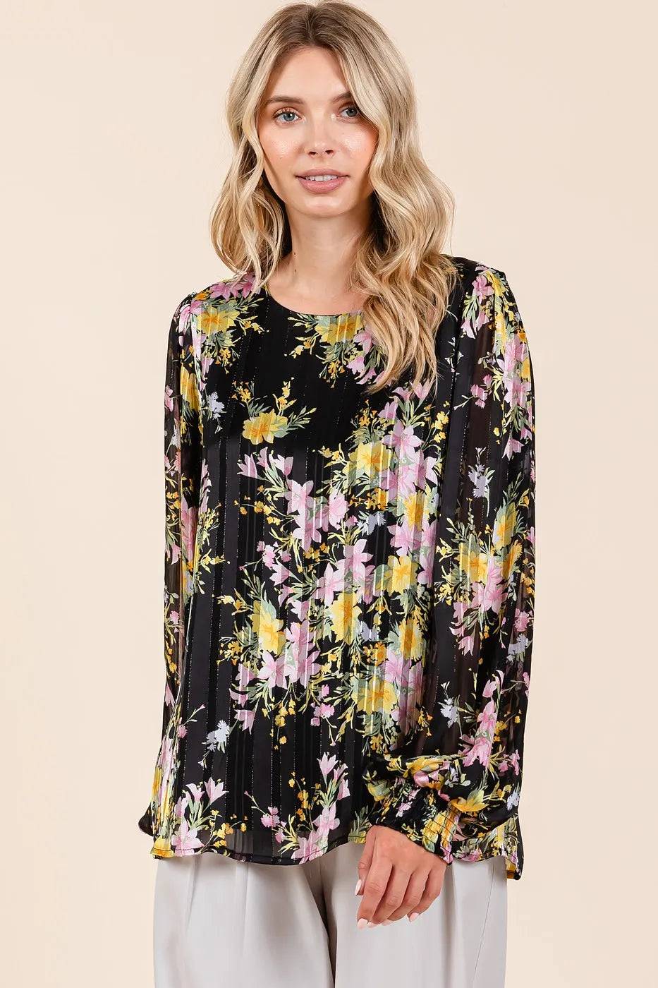 Get trendy with Satin Gold Long Sleeve Chiffon Top - Top available at Styles Code. Grab yours today!