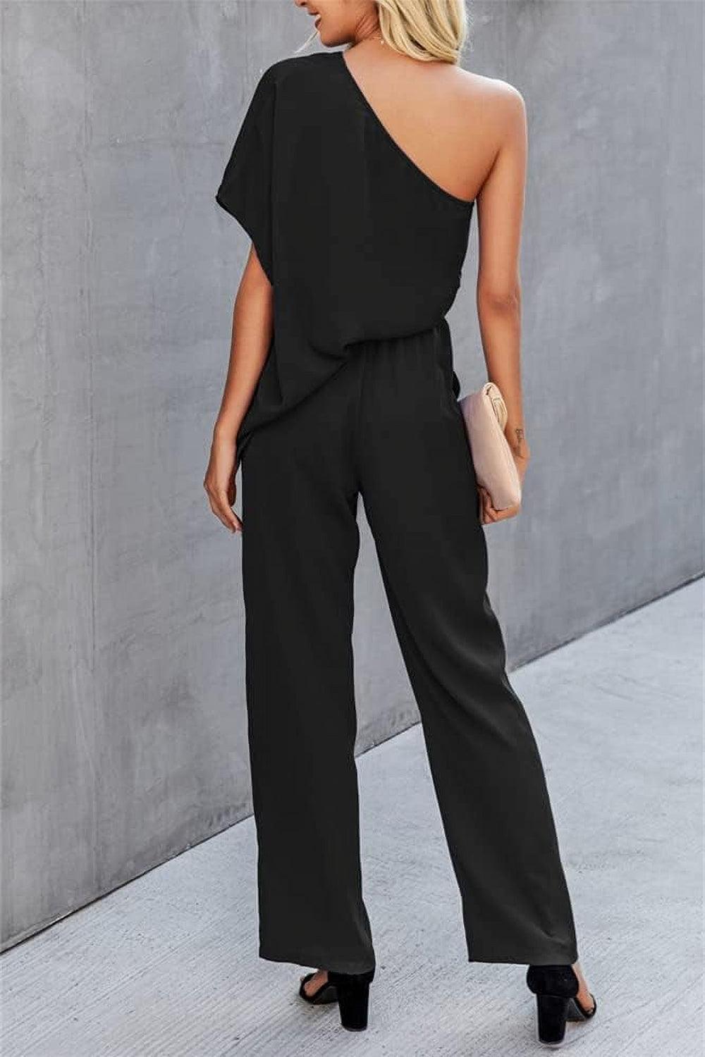 Get trendy with Single Shoulder Short Sleeve Jumpsuit - Jumpsuit available at Styles Code. Grab yours today!