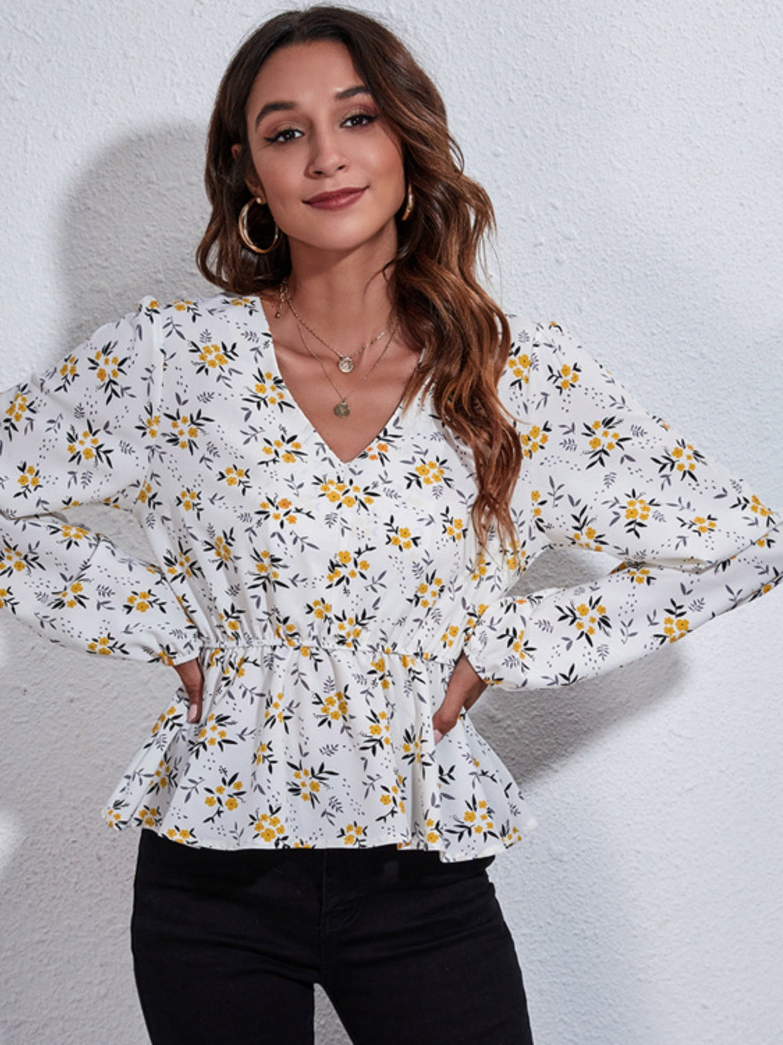 Get trendy with Ruched Printed V-Neck Blouse - Blouse available at Styles Code. Grab yours today!