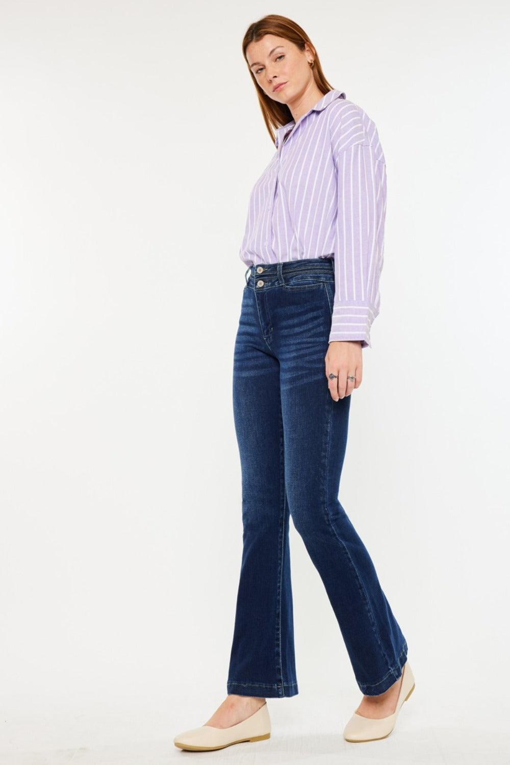 Get trendy with High Rise Double Waistband Flare Jeans - Jeans available at Styles Code. Grab yours today!