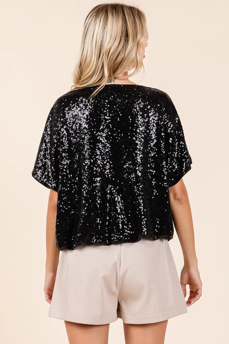 Get trendy with Sequin Short Sleeve Elastic Band Top - Top available at Styles Code. Grab yours today!