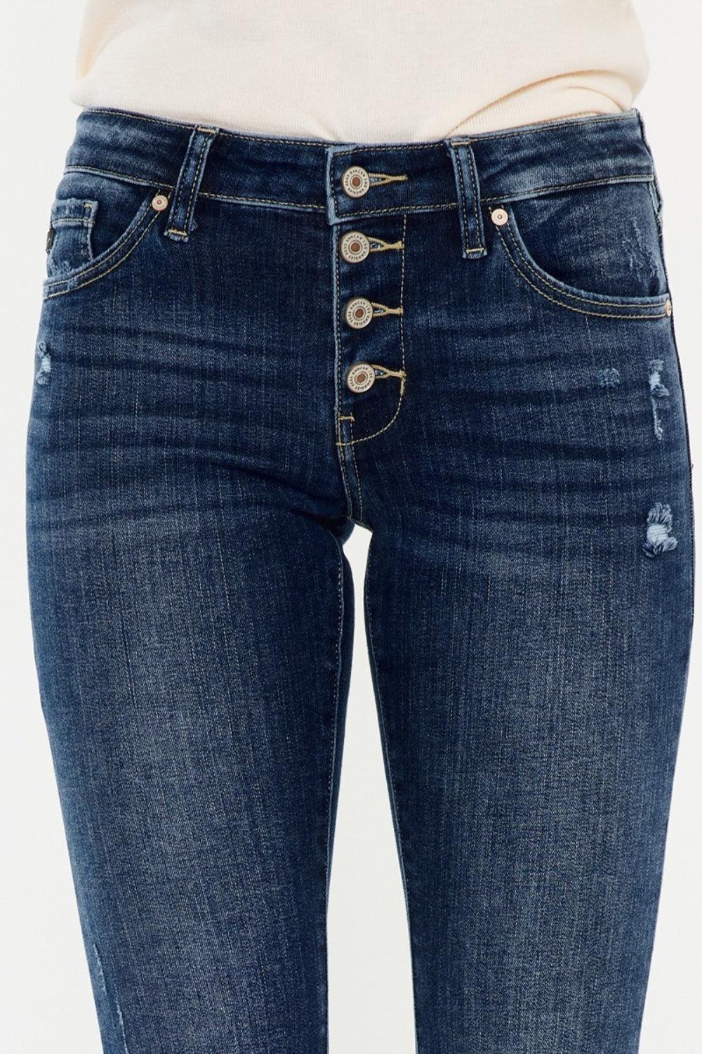Get trendy with Mid Rise Button Fly Flare Jeans - Jeans available at Styles Code. Grab yours today!