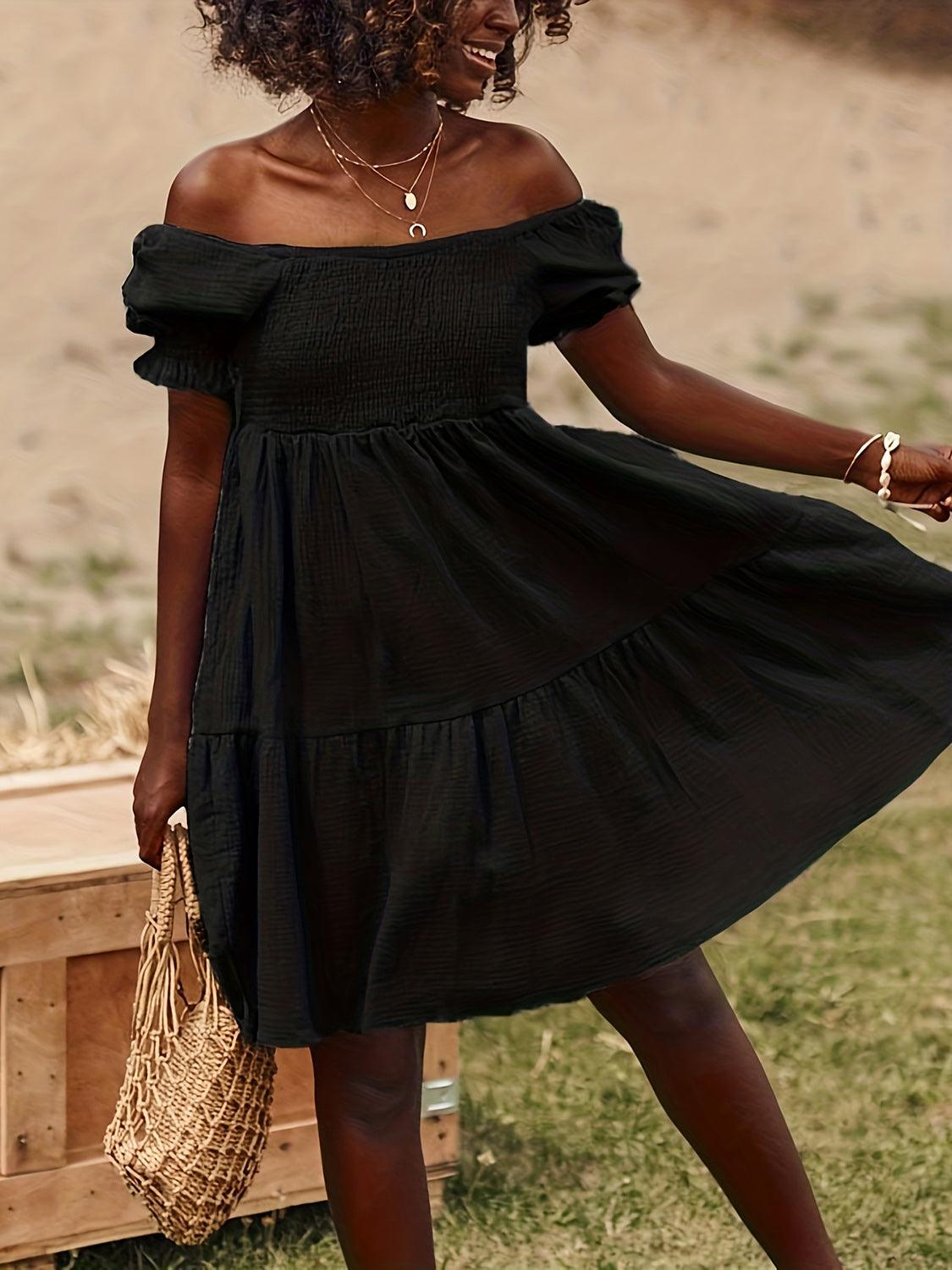 Get trendy with Full Size Ruffled Off-Shoulder Short Sleeve Dress - Dress available at Styles Code. Grab yours today!