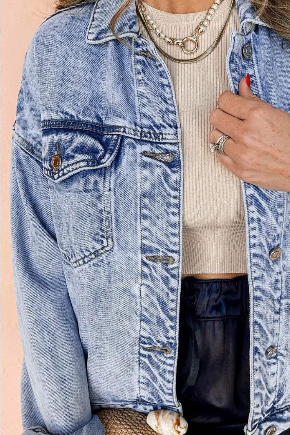 Get trendy with Pocketed Dropped Shoulder Denim Jacket - Denim Jacket available at Styles Code. Grab yours today!