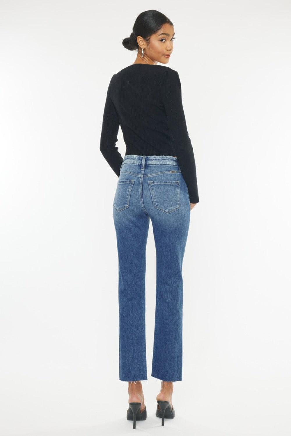Get trendy with High Rise Wide Waistband Slim Straight Jeans - Jeans available at Styles Code. Grab yours today!