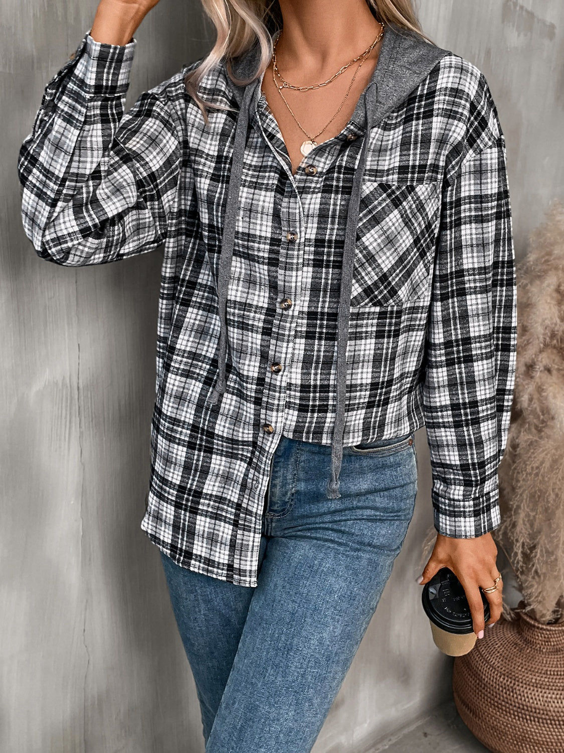 Get trendy with Plaid Long Sleeve Hooded Jacket - Jackets available at Styles Code. Grab yours today!