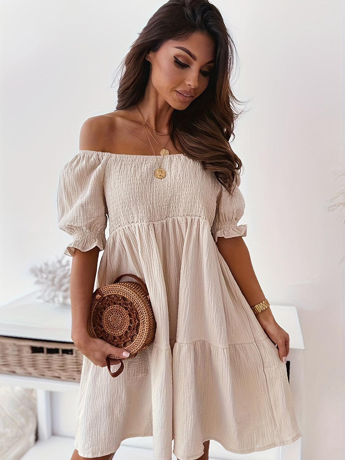 Get trendy with Full Size Ruffled Off-Shoulder Short Sleeve Dress - Dress available at Styles Code. Grab yours today!