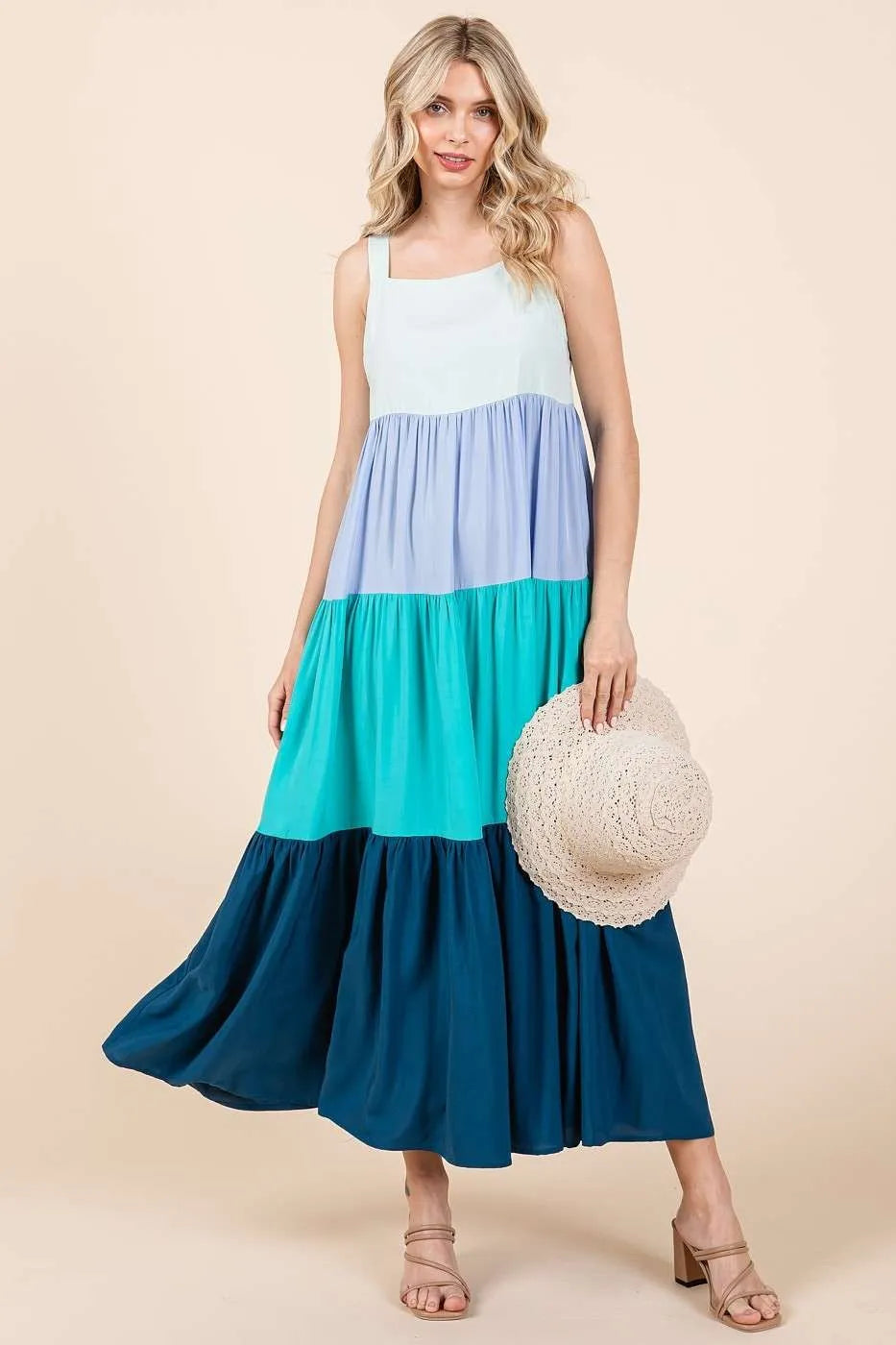 Get trendy with Color Block Tiered Pull-On Maxi Dress - Dress available at Styles Code. Grab yours today!